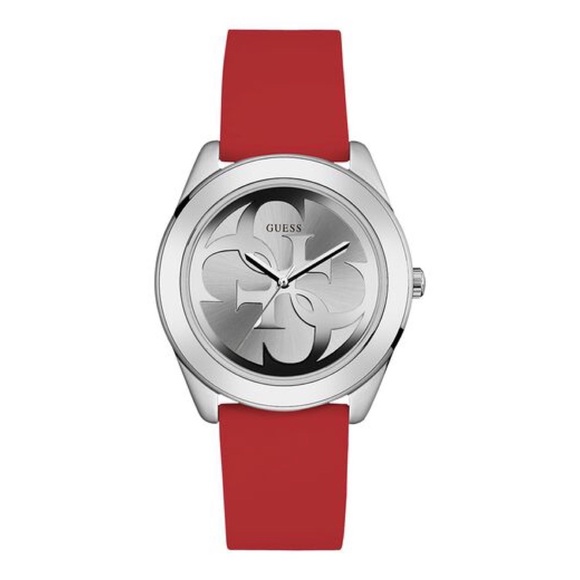 NEW GUESS LADIES SILVER TONE CASE RED SILICONE WATCH - Picture 1 of 4
